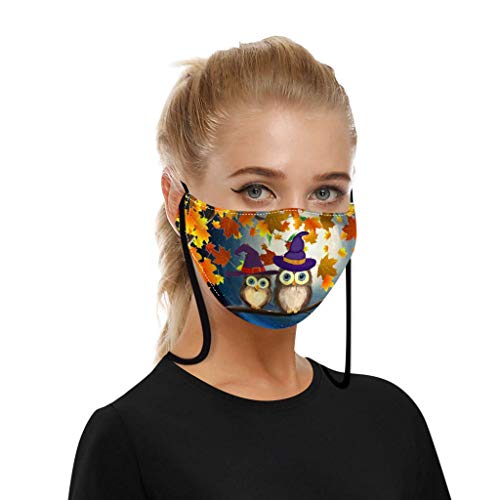 Wenini Fashion Halloween_Face_Mask with Adjustable Lanyard Owl Print - Unisex Cotton Dustproof Mouth Bandanas- Reusable Washable Windproof for Women Men Breathable Comfort Outdoor Activities