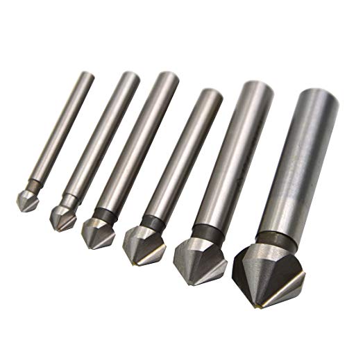 Wkstool 6Pcs/Lot,6.3 8 10 12.4 20.5 25mm Blade,90 Degree,Industry Chamfering Chamfer Metal Countersink End Mill Cutter Drill Bit,High Speed Steel,Deburring Tool Set (6.3/8/10/12.4/20.5/25mm, 3Flute)