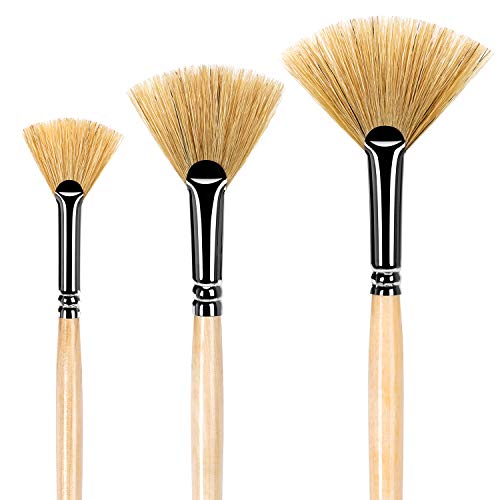 Lenbicki Fan Brush Set Hog Bristle Hair 3pcs Artist Soft Anti-Shedding Paint Brushes for Acrylic Watercolor Oil Painting