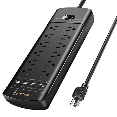 Power Strip,Witeem Surge Protector with 12-Outlet (1875W/15A,4360Joules) and 4 USB Charging Ports (5V/6A,30W),6Ft Extension Cord,Wall Mountable Overload Protection Outlet for Home & Office, Black