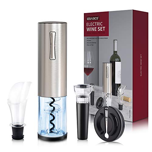 EZBASICS Electric Wine Bottle Opener kit Rechargeable Automatic Corkscrew contains Foil Cutter Vacuum Stopper and Wine Aerator Pourer with USB Charging Cable for Wine Lover 4-in-1 Gift Set