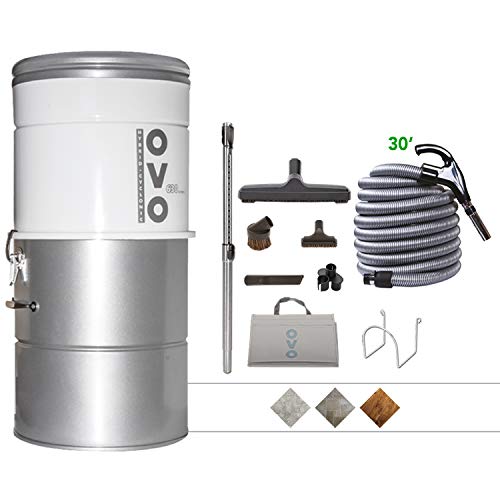 OVO Large and Powerful Central Vacuum System, Hybrid Filtration (With or Without disposable bags) 25L or 6.6 Gal, 630 Air watts and 30 ft Deluxe Accessory Kit included, 30ft/NA, sliver