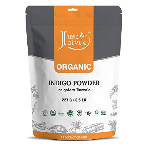 Just Jaivik 100% Organic Indigo Powder - 227 gms / 1/2 LB Pound / 08 Oz - Indigofera Tinctoria- A 100% Organic Hair Dye - Color your hair dark brown to black with Henna