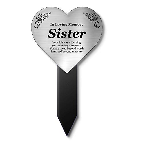 OriginDesigned Sister Memorial Remembrance HeartPlaque Stake - Silver, Waterproof, Outdoor, Grave Marker, Tribute, Plant Marker (Silver)