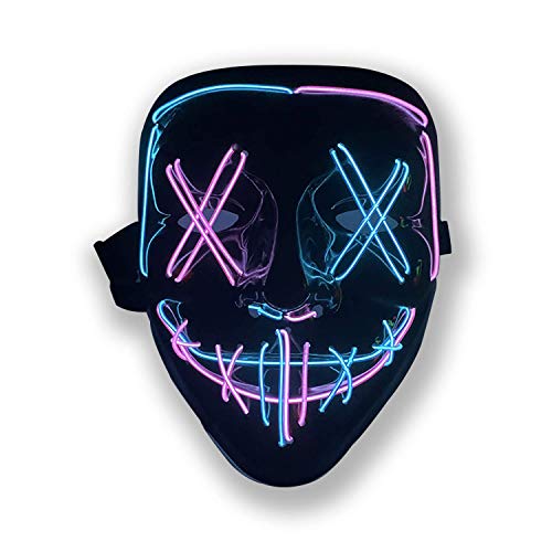 Halloween Purge Mask Light Up Scary Mask EL Wire LED Mask for Festival Party Gifts (Blue-Pink)