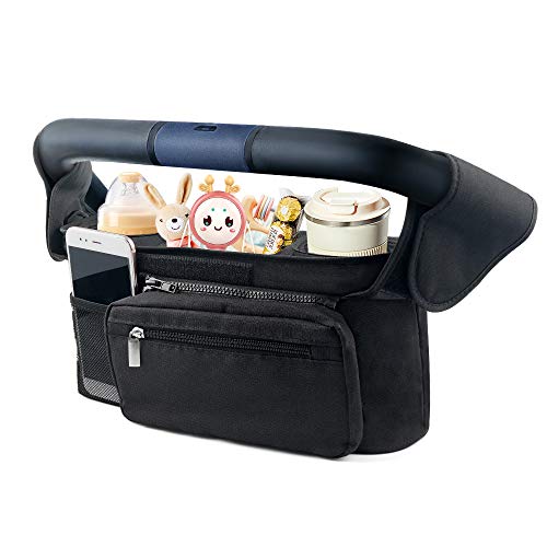 Mestron Universal Stroller Organizer Bag with Insulated Cup Holder- Detachable Zippered Bag & Adjustable Strap, Fits for All Baby Stroller Models like Uppababy, Baby Jogger, Britax, Bugaboo