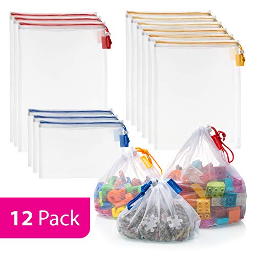 Vandoona Toy Storage & Organization Mesh Bags Set of 12 Eco Friendly Washable Mesh Bags & Color Coded Drawstrings by Size S, M, L. Playroom Organization, Baby Toys, Game Pieces, Toy Sets, Bathtub Toys