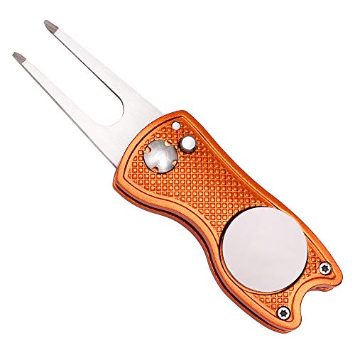 Mile High Life All Metal Foldable Golf Divot Tool with Pop-up Button & Magnetic Ball Marker (Orange Fish)