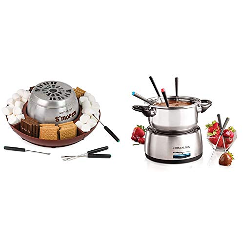 Nostalgia LSM400 Indoor Electric Stainless Steel S'mores Maker with 4 Trays & FPS200 6-Cup Stainless Steel Electric Fondue Pot with Temperature Control, 6 Color-Coded Forks and Removable Pot