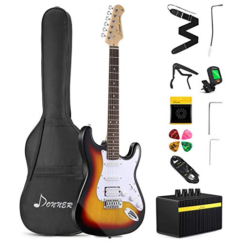 Donner DST-102S Solid Body 39 Inch Full-Size Electric Guitar Kit Sunburst, Beginner Starter, with Amplifier, Bag, Capo, Strap, String, Tuner, Cable, Picks