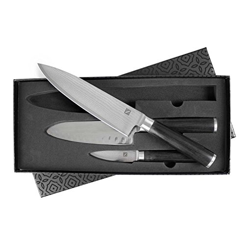 Zelancio Cutlery Premium 3 Piece Japanese Steel Professional Chef Knife Set with High Carbon Core and 67 Layer VG-10 Damascus Steelr, Razor Sharp Chef Quality with Wooden Handle, Stainless Steel