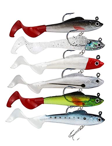 Facikono Lures for Bass Jig Head Soft Swimbait, 6-Pack 6 Colors Plastic Bait for Saltwater/Freshwater Fishing
