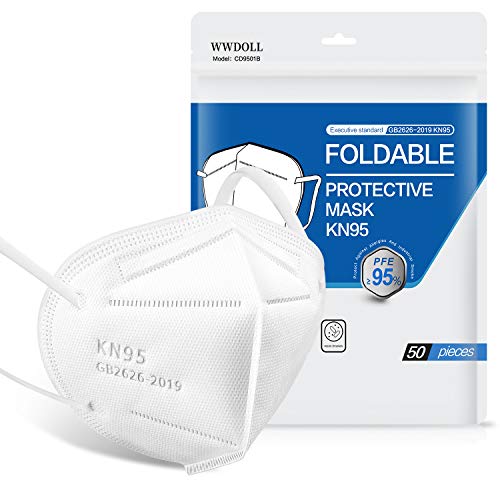 KN95 Face Masks 50 Pack，WWDOLL 5-Layer Breathable Cup Dust Mask with Elastic Earloop and Nose Bridge Clip, Protection Against PM2.5 Dust, Air Pollution (White)
