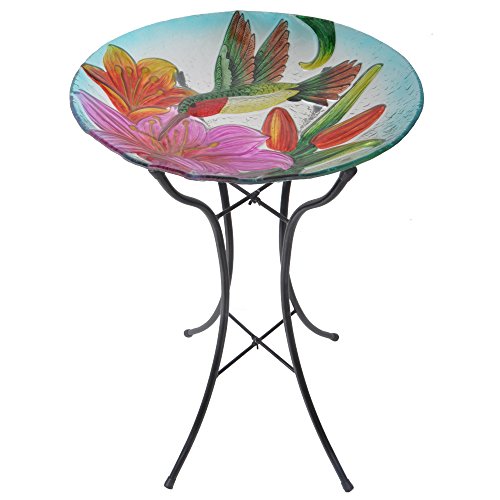 Peaktop Outdoor Hand-Painted Hummingbird Fusion Glass Birdbath Bowl Feeder with Metal Stand for Patio Garden Backyard