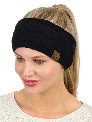 C.C Soft Stretch Winter Warm Cable Knit Fuzzy Lined Ear Warmer Headband, Black