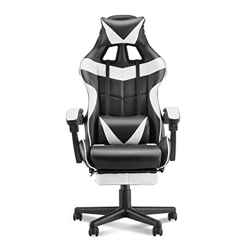 Soontrans Ergonomic Gaming Chair,Office Computer Game Chair,E-Sports Chair,Gaming Chair,Racing Style with Adjustable Recliner Headrest Lumbar Pillow and Retractable Footrest(Polar White)