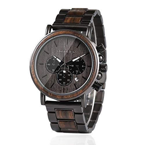 BOBO BIRD Mens Wooden Watches Business Casual Wristwatches Stylish Ebony Wood & Stainless Steel Combined Chronograph with Wooden Box (Grey)