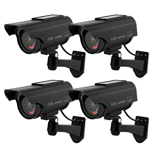 TOROTON Bullet Dummy Fake Surveillance Security CCTV Solar Powered Camera Simulation Monitor with LED Flashing Light, Outdoor and Indoor Use for Homes & Business, 4 Pack