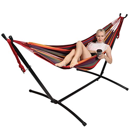 Kanchimi Hammock with Stand,Max Load 4500lbs,Portable Double Hammock for para Patio,Indoor Outdoor Hammock with Stand 2 Person Heavy Duty,Premium Carrying Case Included（Rainbow）