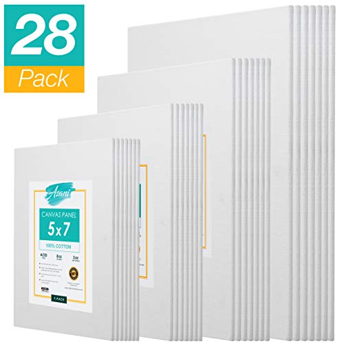 Pre-Primed Painting Canvas Panels, 28 Boards Multi-Pack, 5 x 7, 8 x 10, 9 x 12, and 11 x 14, White Cotton Canvases for Acrylic, Oil, Gouache, Tempera Paint, Art Gift for Kids, Adults, Beginners