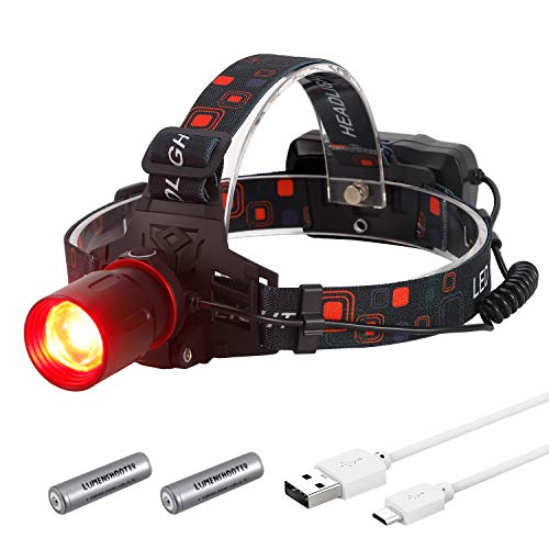 LUMENSHOOTER H10 T6 High Lumen Powerful RED LED Zoomable Hunting Headlight USB Rechargeable Hunting Headlamp for Scanning Coons,Coyotes,Predators (RED)