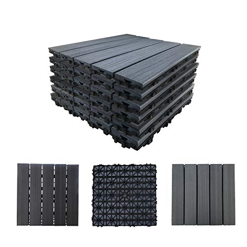 Abba Patio Decking Tiles Interlocking Floor Tiles, 12.4”x12.4”Waterproof Outdoor Flooring or Patio Pavers for Patio, Basement, Balcony, Board, Backyard, 4-Slats Straight Pattern, (6 PCS), Dark Grey