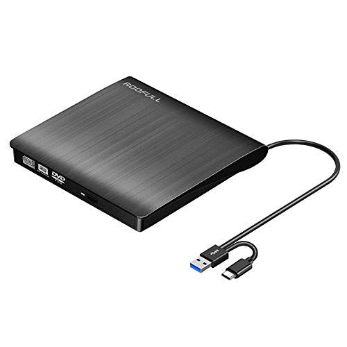 ROOFULL External CD DVD Drive USB-C & USB 3.0, Premium Portable DVD/CD ROM +/-RW Drive Burner Rewriter Player for Windows 10/8/7, Linux, Mac Laptop Desktop PC, MacBook Pro/Air, iMac, Black