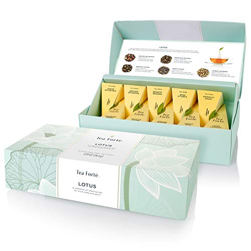 Tea Forte Petite Presentation Box Tea Samplers, Assorted Variety Tea Box, 10 Handcrafted Pyramid Tea Infusers (Sampler - Lotus)