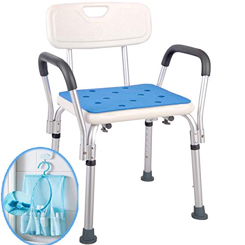 Shower Chair for Elderly with Rails - Easily Adjustable Benches, Tool-Free Assembly Seat with Arms & Back for Seniors - Portable Handicap Bathtub Seats for Adults (White)