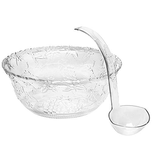 Heavyweight Clear Plastic 2 Gallon Punch Bowl With 5 OZ Plastic Serving Ladle, Embroidered Design 8 Quart Serving Bowl. (One Pack)