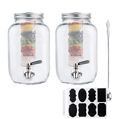1 Gallon / 4000ml Clear Mason Jar With Lids, Airtight Glass Jars With Stainless Water Faucet and Ice Cylinder Perfect for Beer, Sun Tea, Coffee, Coke and Cold Drinks, 2 pack