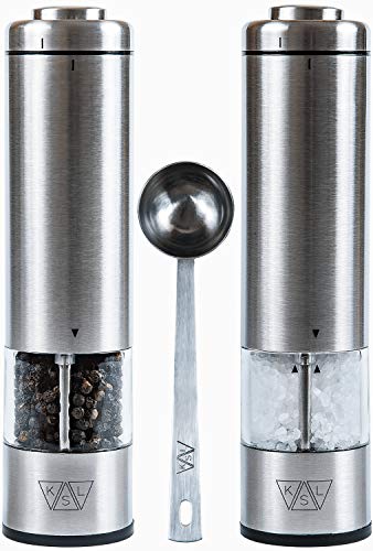KSL Electric Salt and Pepper Grinder Set (Batteries included) - Automatic Adjustable Shakers - Stainless Steel Powered Spice Mills - Battery Operated Kitchen Peppermills w/Light - Housewarming Gift