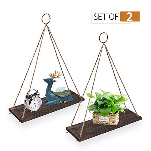 AGSIVO Hanging Shelves Wall Mounted Wood Shelves with 2 Rings Lightweight and Durable Farmhouse Rope Shelves for Living Room Bedroom Bathroom Kitchen