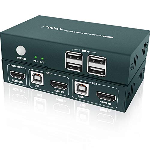 KVM Switch HDMI 2 Port, 4 USB 2.0 Hub, UHD 4K@30Hz, Support Wireless Keyboard and Mouse, No Power Require, with HDMI and USB Cables