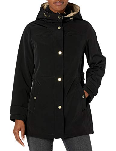Jones New York Women's Hooded Trench Coat Rain Jacket, Black/Anorak, L