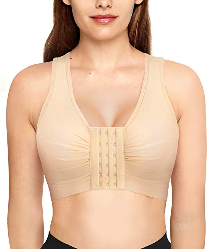 Rolewpy Women Front Closure Bra Wireless Lounge Sleep Bra with Removable Pad Back Smoothing Leisure Lingerie Crop Top (Nude, XX-Large)