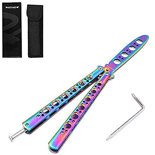 HTOMT Butterfly Stainless Steel Training Balisong Practice Tool, Tactical Folding Blade Practice Trainer for CS GO Training, Dull Blade Safe,Gifts for Men,Boys (Rainbow)