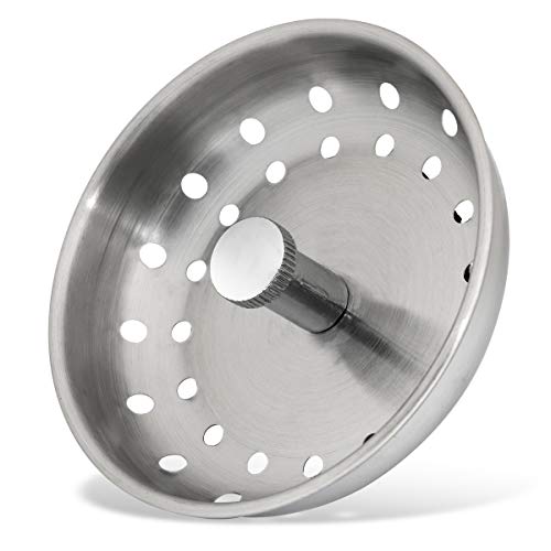 KONE Kitchen Sink Basket Strainer Replacement for 3-1/2 Inch Standard Sink Drains Brushed Stainless Steel Body Metal Center Knob with Rubber Stopper