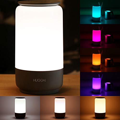LED Table Lamp, HUGOAI Bedside Lamp, Nightstand Lamps for Bedrooms with Dimmable Whites, Vibrant RGB Colors and Memory Function, No Flicker - Grey