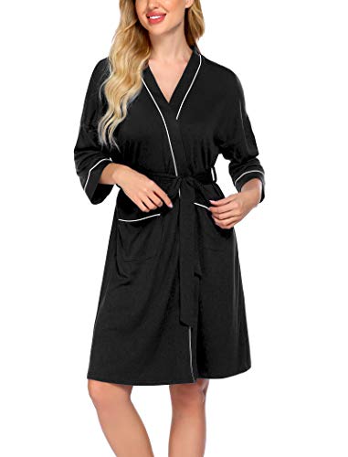 Ekouaer Women's Kimono Robes Lightweight House Bathrobe Sleepwear Ladies Short Loungewear with Pockets(Black,M)