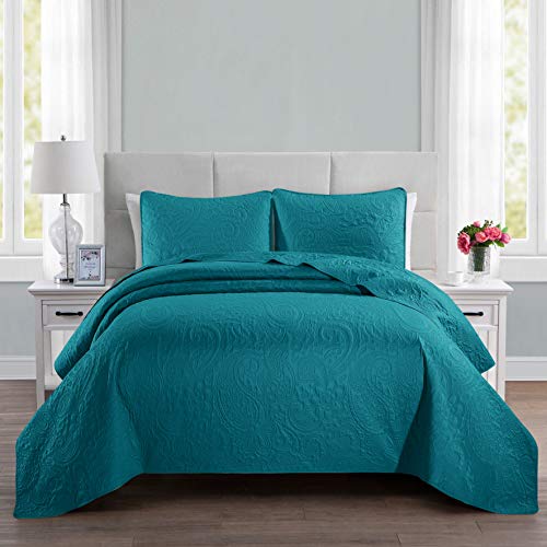 ALPHA HOME 3-Piece Bed Quilt Lightweight Bedspread Set King Size 106' x 96', 1 Embossing Bedspread, 2 Pillow case 20' x 26', Machine Washable Bed Quilt Comforter Bedding Set Duvet Cover, Turquoise