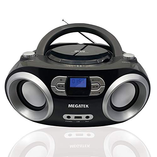 Megatek Portable CD Player Boombox, Bluetooth FM Radio Stereo System with Crystal-Clear Sound and Enhanced Bass, MP3 Playback, USB Input, Audio-in, Headphone Jack, LCD Display, AC/DC Operated