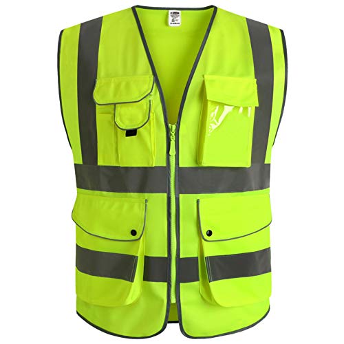 JKSafety 9 Pockets Class 2 High Visibility Zipper Front Safety Vest With Reflective Strips, Yellow Meets ANSI/ISEA Standards (XX-Large)