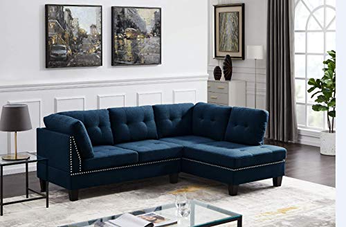 Sectional Sofa Couch with Chaise Lounge 90' Small Sectional Sofa L-Shaped Sleeper Sofa Modern Linen Fabric&Tufted Back for Living Room (Blue Green)