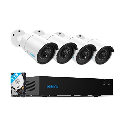 Reolink 4CH 4MP PoE-Security-Camera-System, 4pcs Wired 4MP Outdoor PoE IP Cameras, 4-Channel NVR with 1TB HDD for Home and Business 24/7 Recording