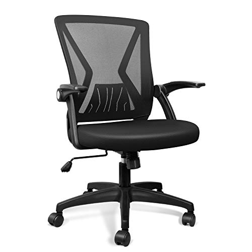 QOROOS Mid Back Mesh Office Chair Ergonomic Swivel Black Mesh Desk Chair Flip Up Arms with Lumbar Support Computer Chair Adjustable Height Task Chairs