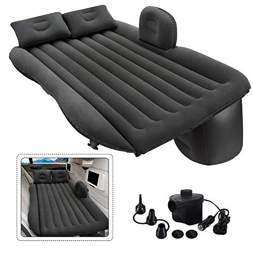 Inflatable Car Air Mattress, Removable Gray Backseat Air Bed with Air-Pump, Portable Car Travel Bed with Two Pillows Fits Most Car Models for Camping Travel, Hiking, Trip and Other Outdoor Activities