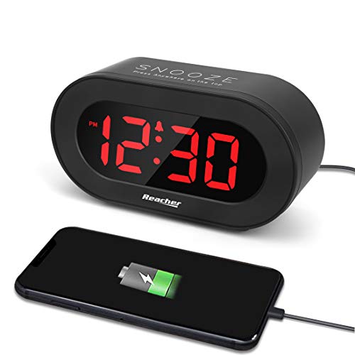 REACHER Small LED Digital Alarm Clock with Simple Operation, Full Range Brightness Dimmer, USB Phone Charger Port, Easy Snooze, Adjustable Alarm Volume, Outlet Powered for Bedrooms Bedside(Black)