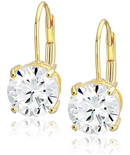 Amazon Essentials Yellow Gold Plated Sterling Silver Round Cut Cubic Zirconia Leverback Earrings (7.5mm)