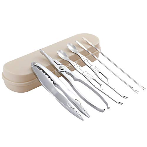 mcdej Seafood Tools Set - Crab Legs Lobster Nut Shellfish Crackers Forks and Spoons for Kitchen - Set of 6 & Storage Box